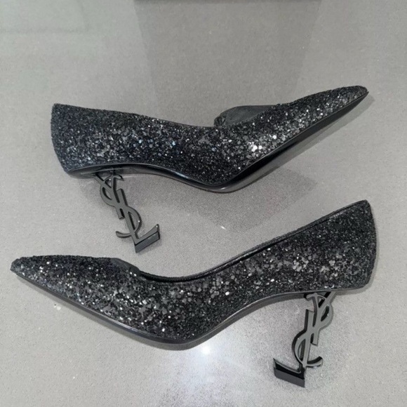 $1150 Saint Laurent YSL Logo Opyum 85 Glitter Black Pumps - Picture 1 of 14
